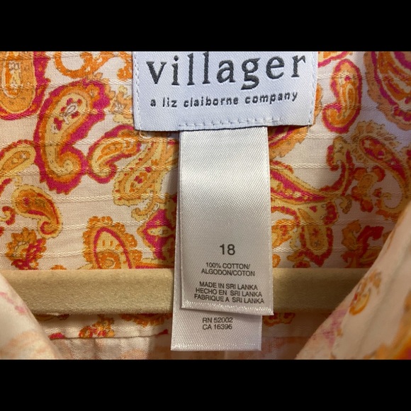 Villager A Liz Claiborne Co- Sz 18 Orange Cream Paisley Blouse 3/4 Sleeves - Picture 4 of 5